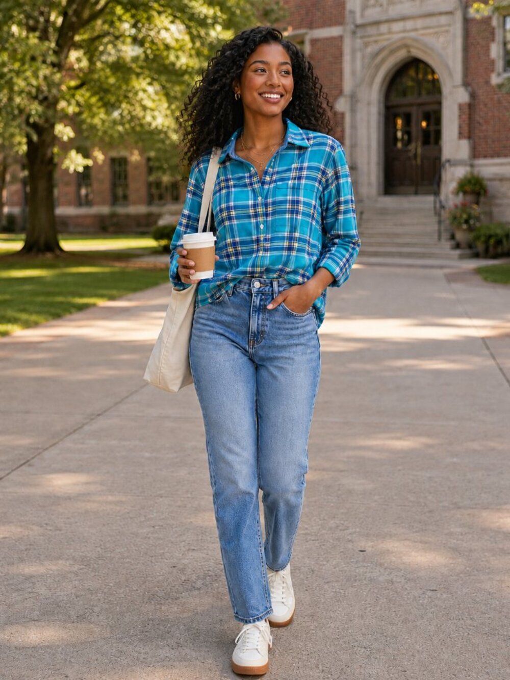 Lands’ End Women’s M Blue Plaid Flannel Button Down Shirt Coastal Preppy